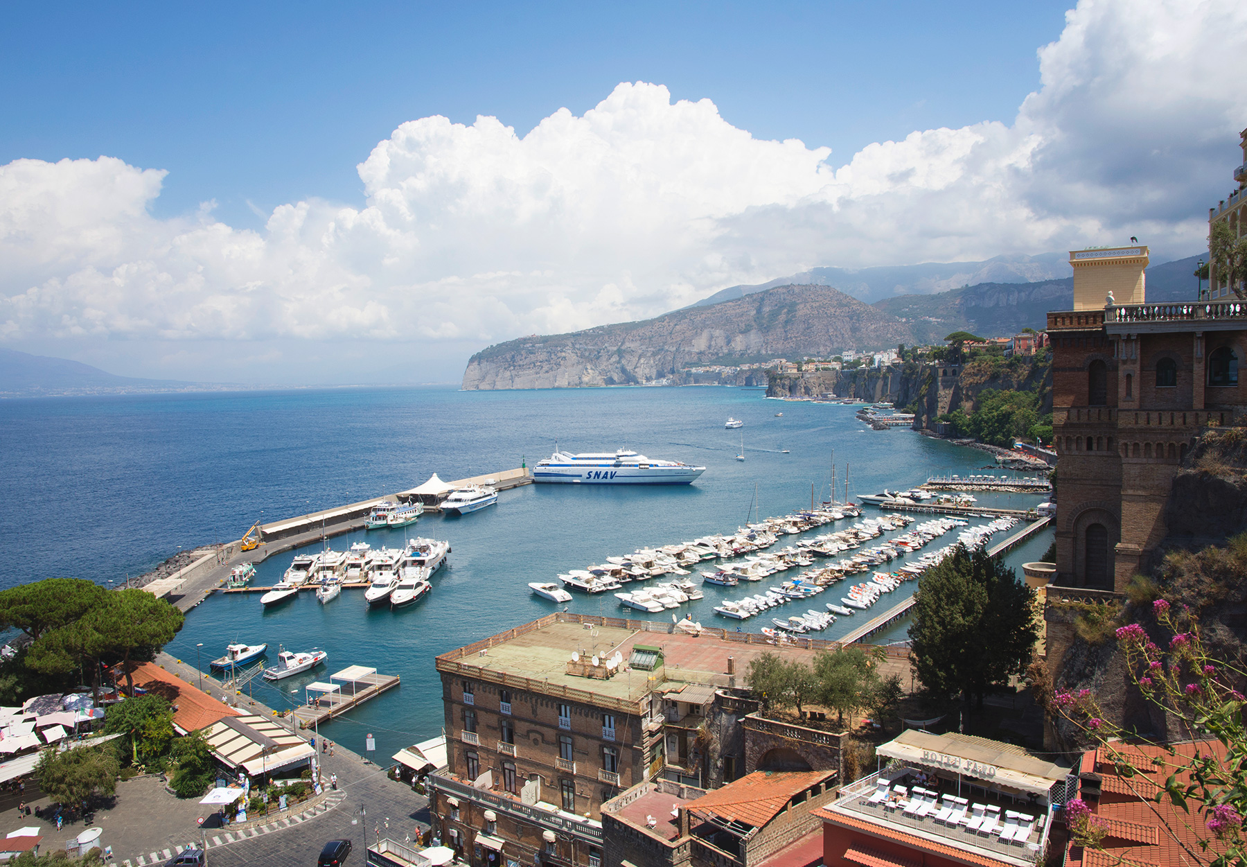 View over port and turquoise ocean