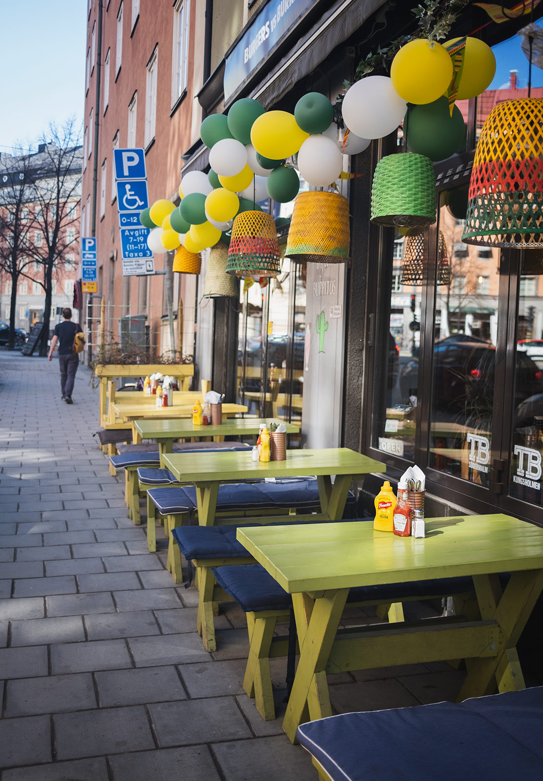 Tables on street outside a restaurant