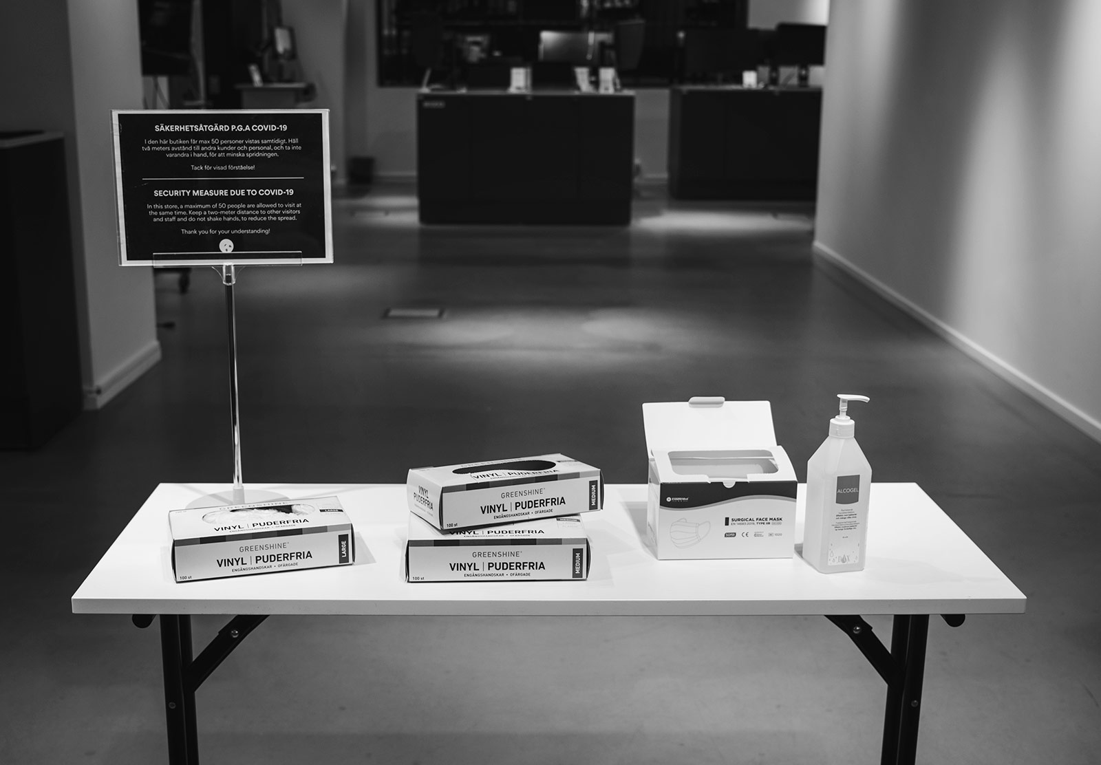 Table of gloves and masks
