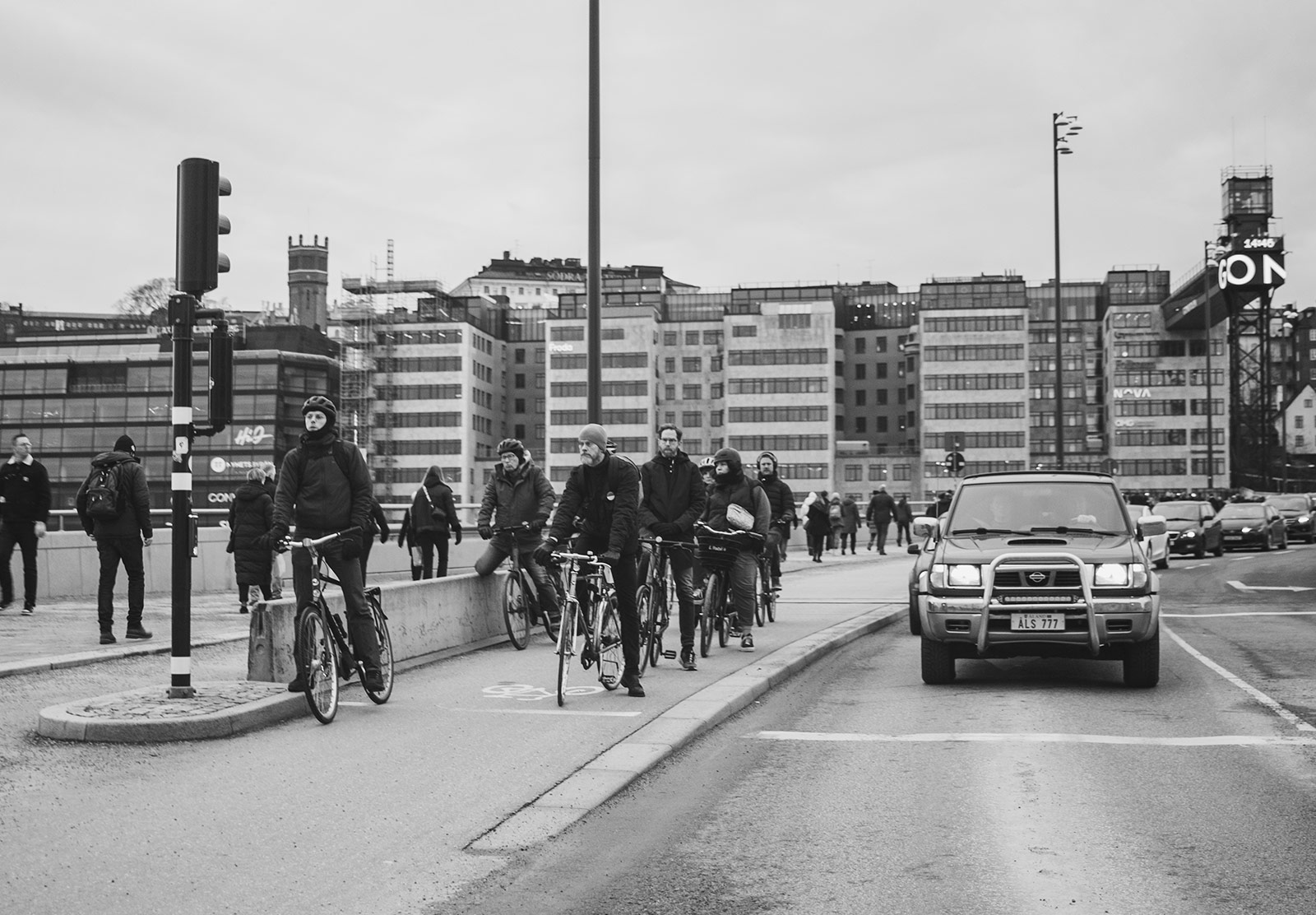 Line of cyclists next to cars