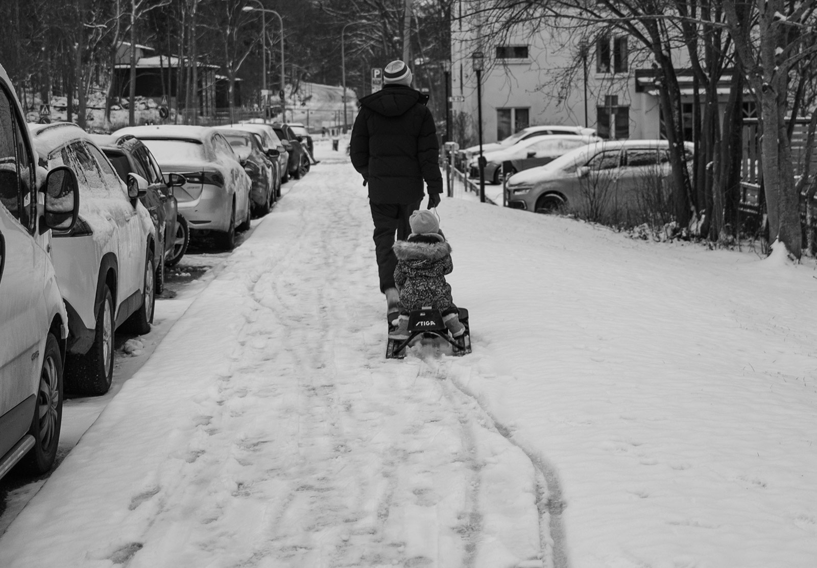 Kid being pulled on a sledge