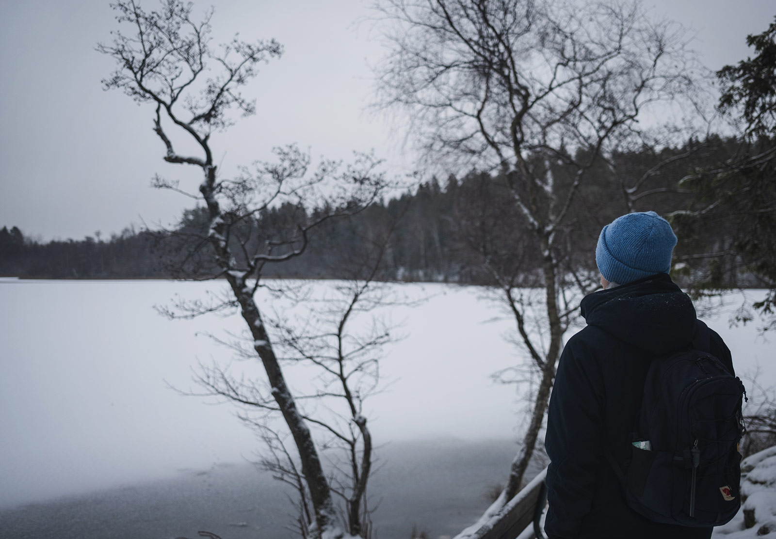 Man looking out over frozen water