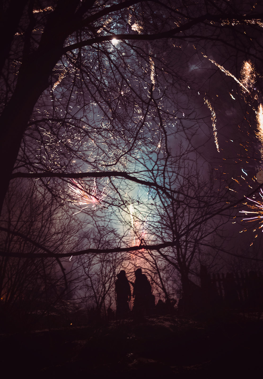 Couple silhouette illuminated by fireworks