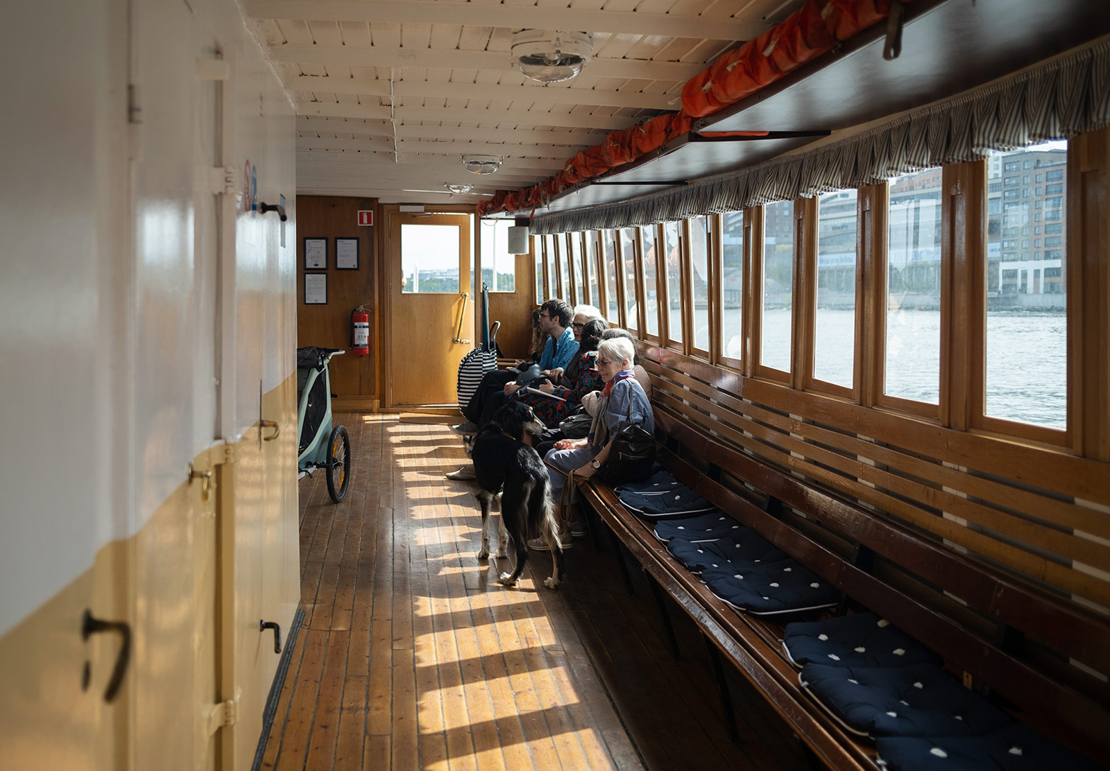 Wooden benches in boat