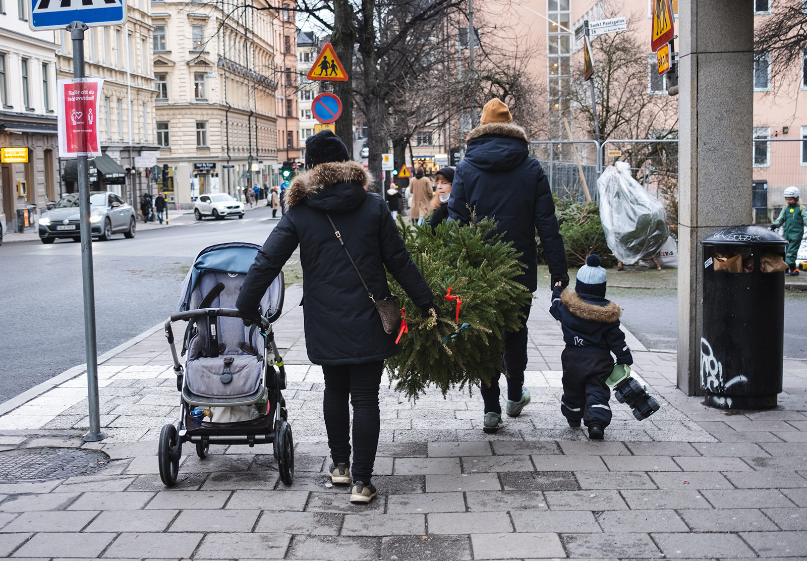 Couple carrying Christmas tree