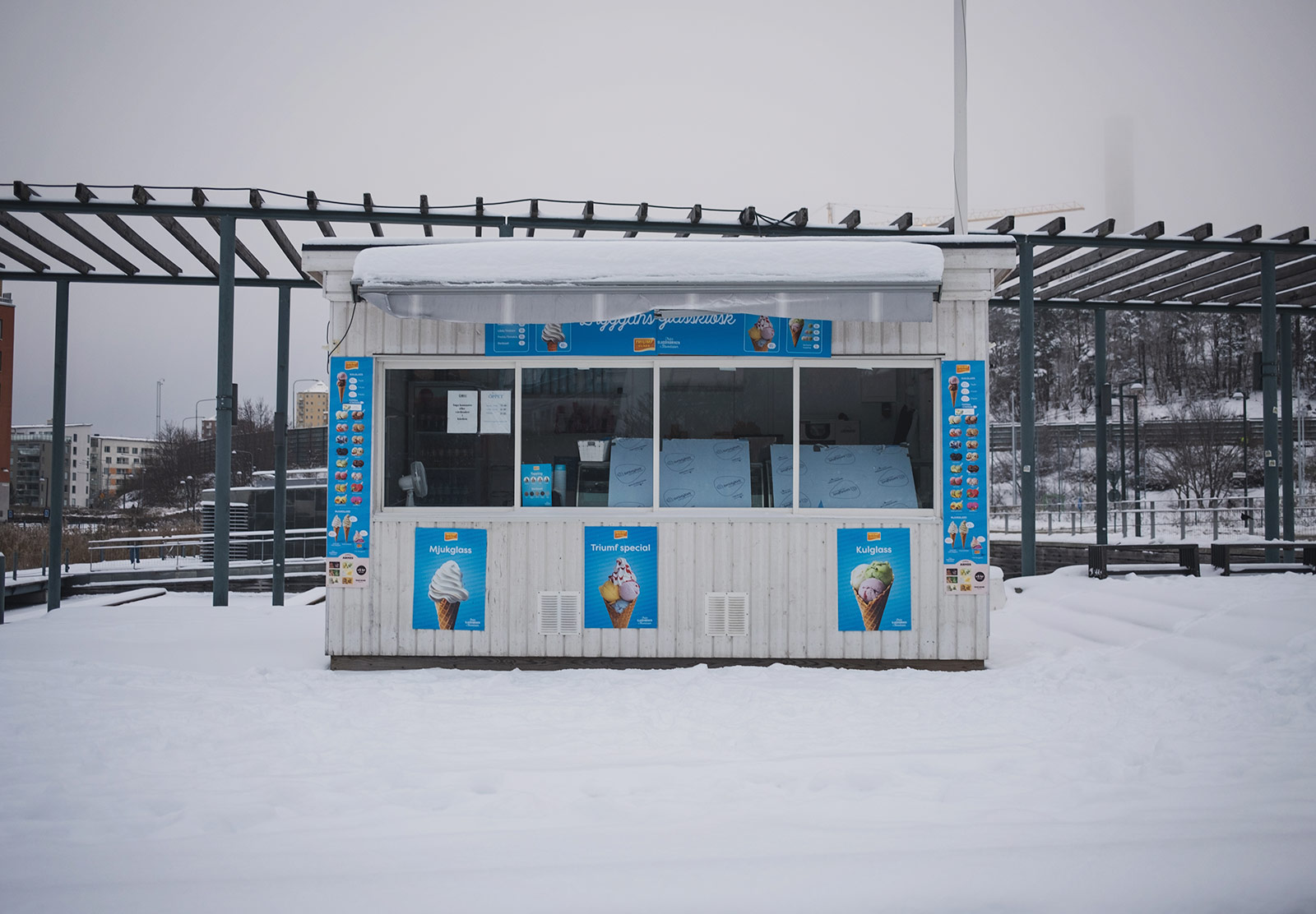 Small ice cream shack in the snow