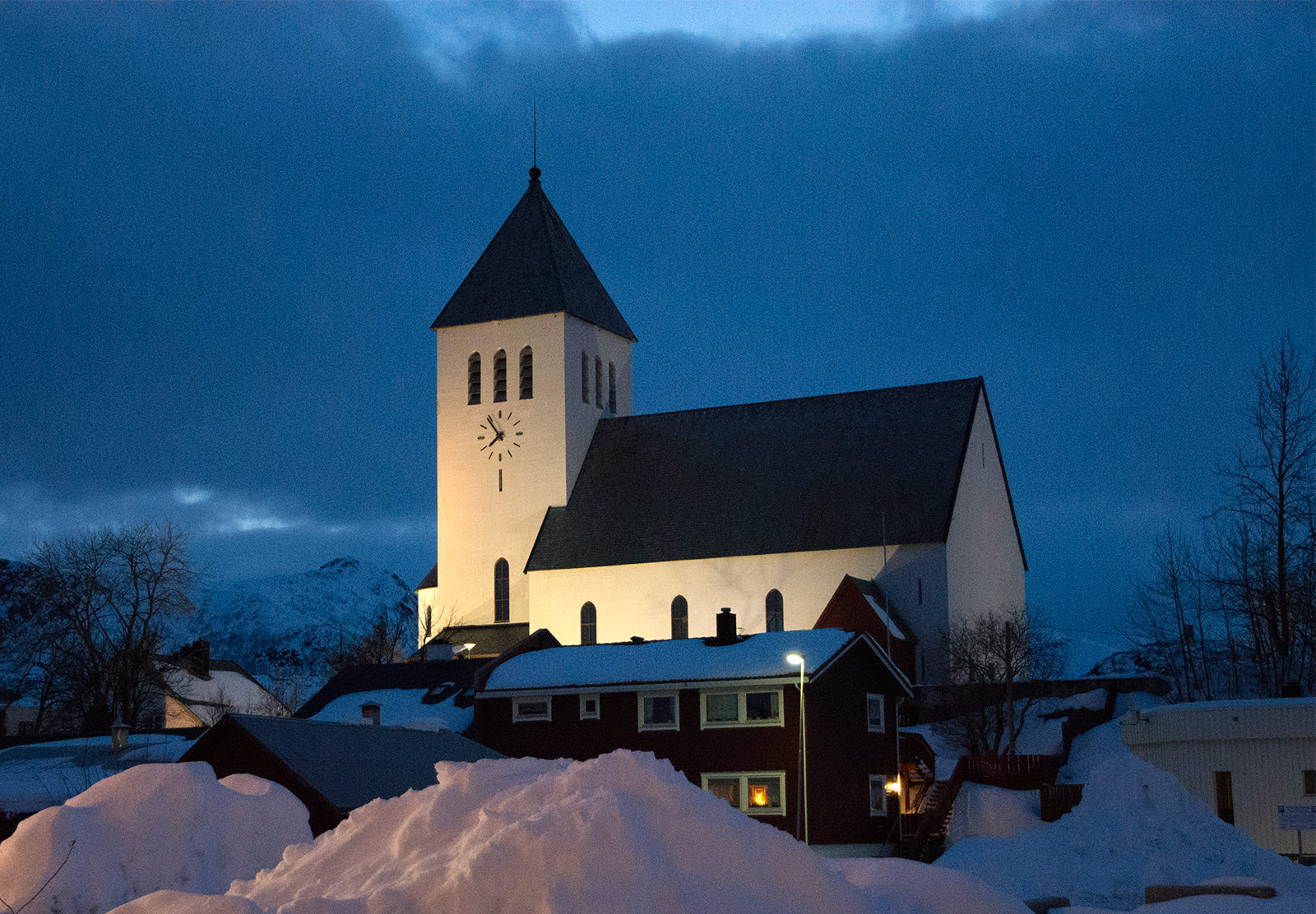 Church lit up at night
