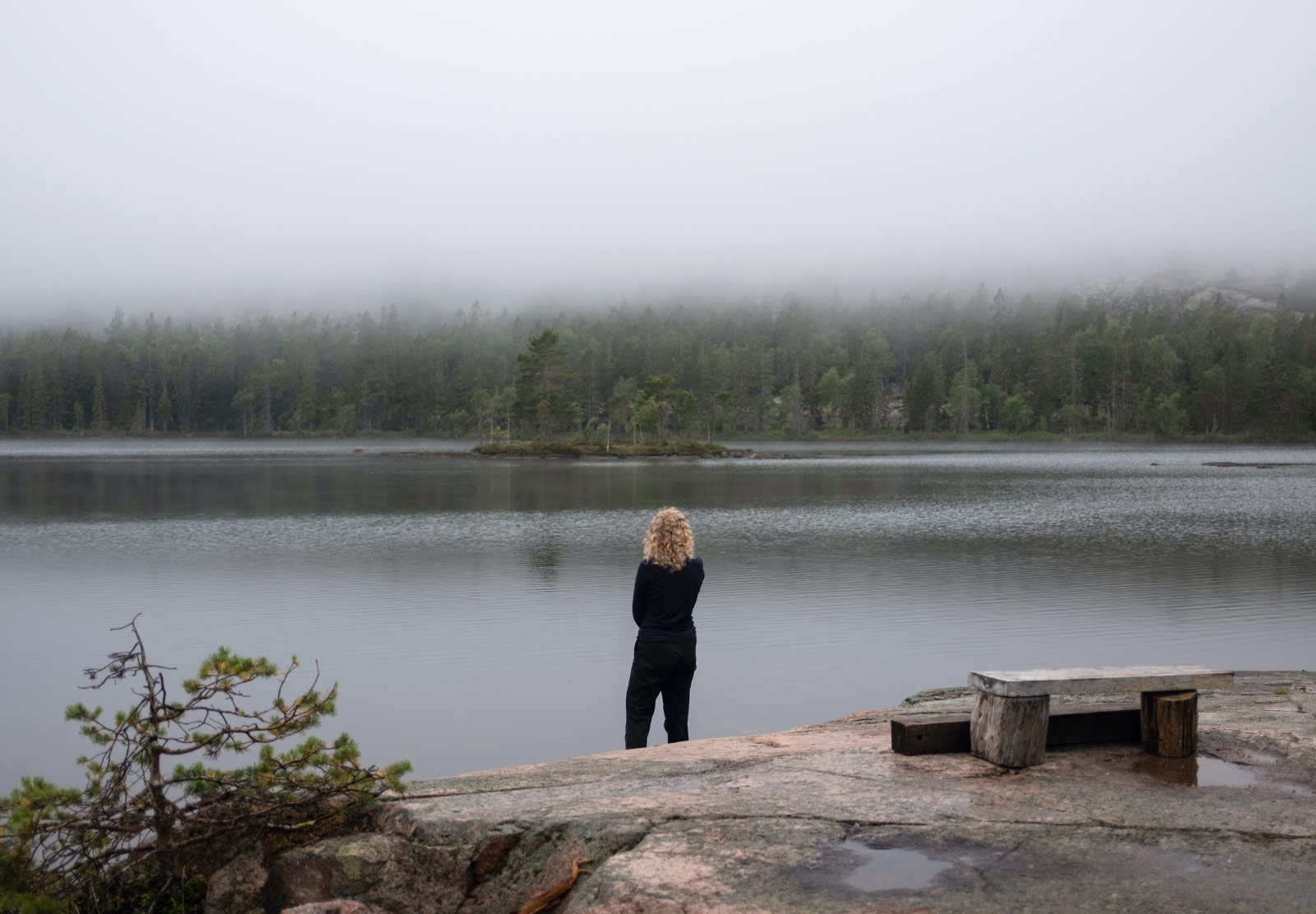 Woman standing at foggy lake