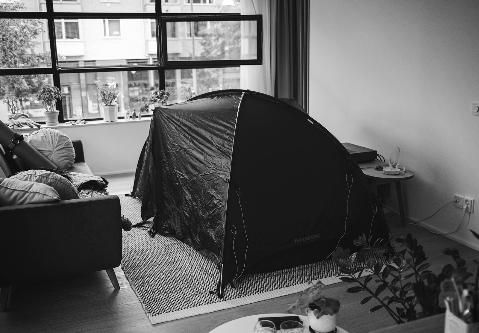 Tent assembed indoors