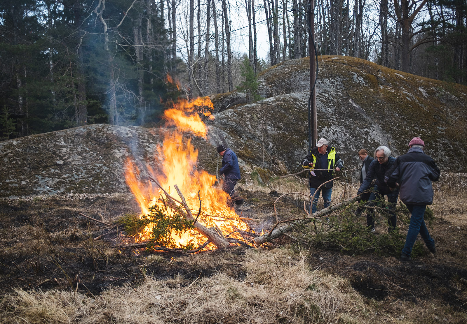 People putting wood on fire
