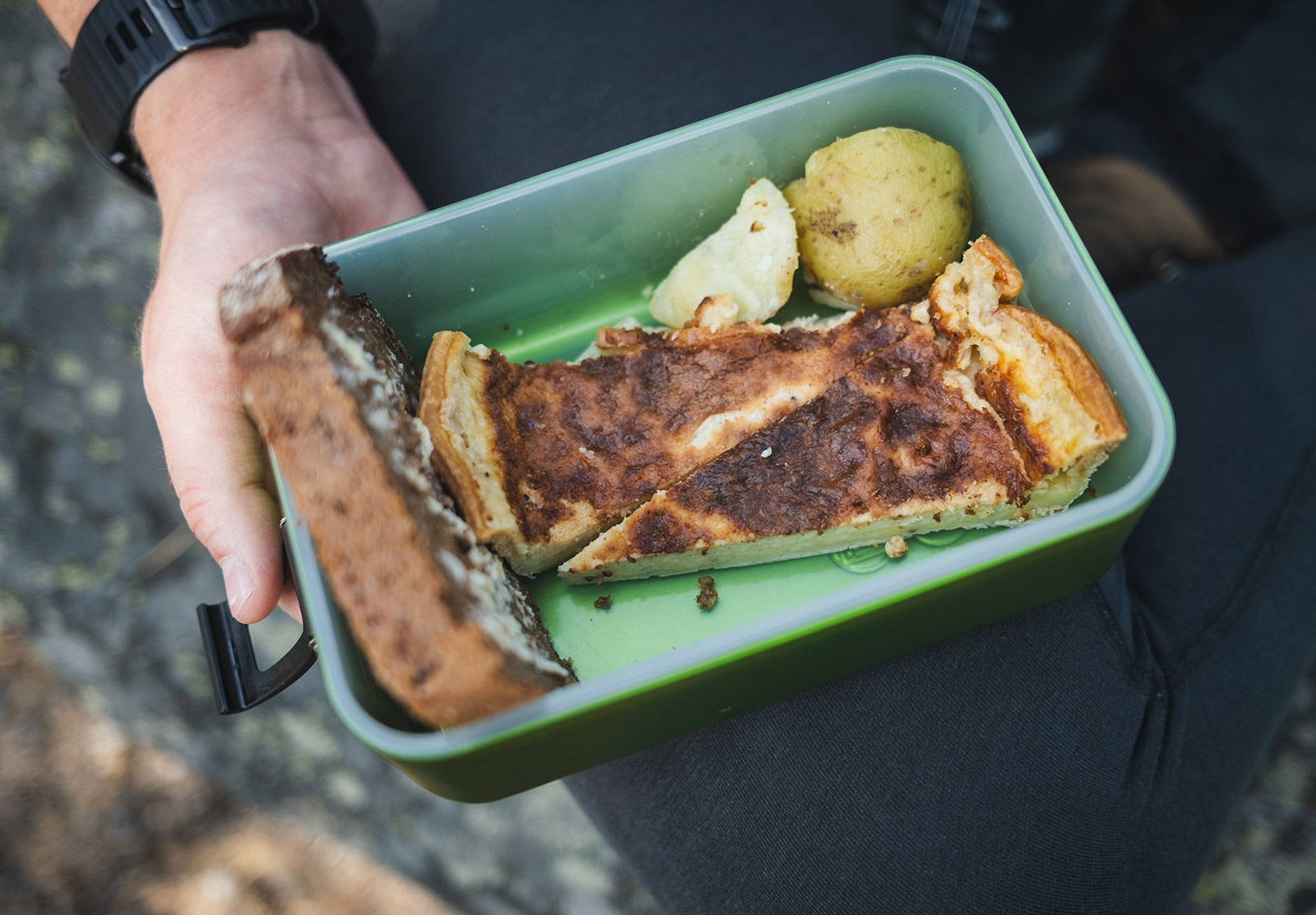 Lunchbox with pie and potatoes