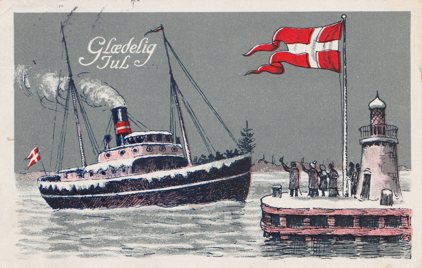 Illustrated boat on postcard