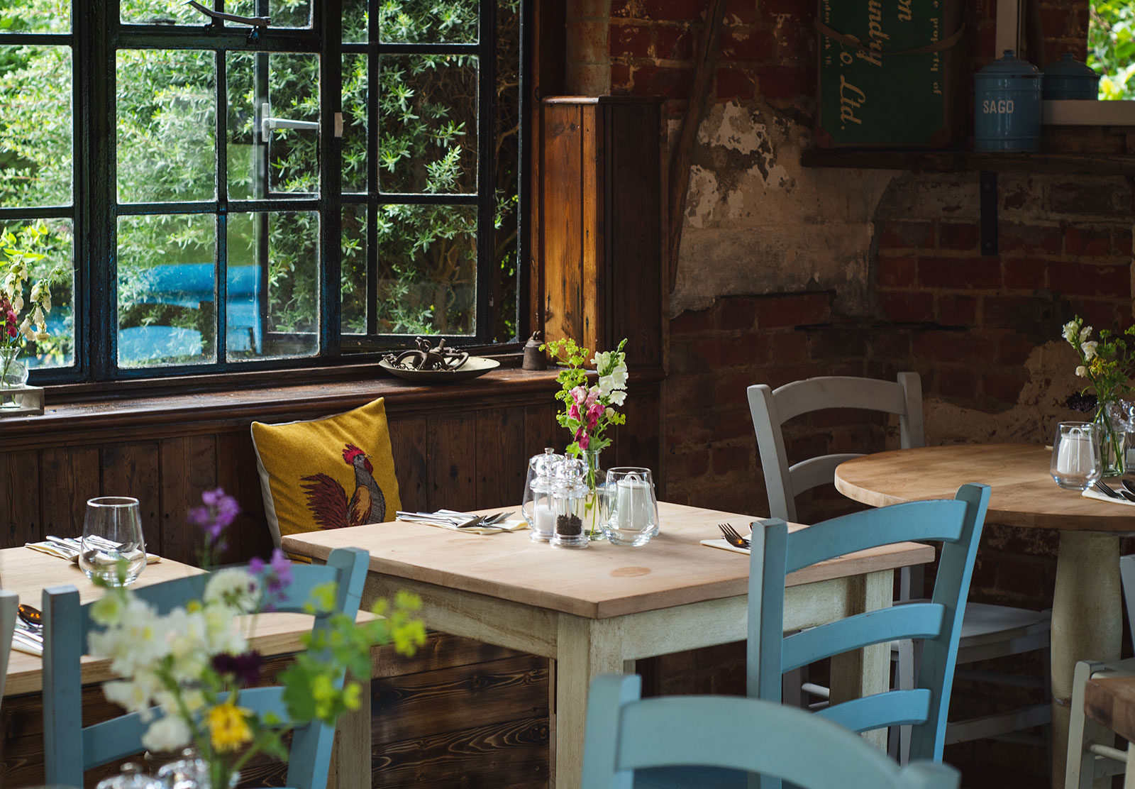 Wooden tables in cafe