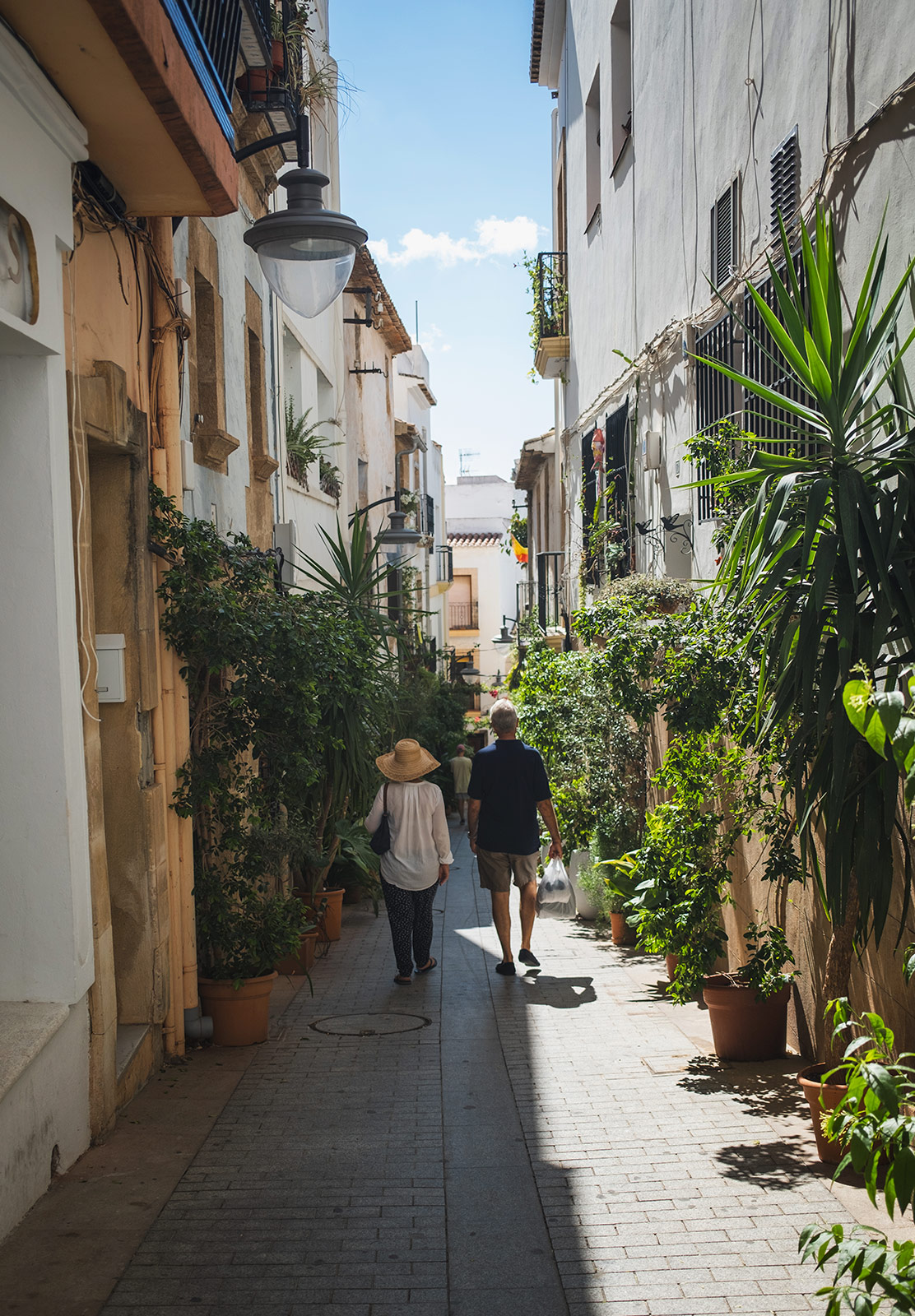 Couple walking down plant lined street