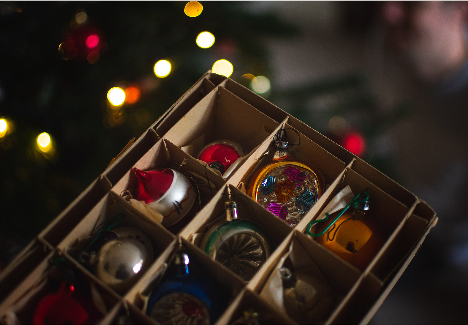 Colourful ornaments in box