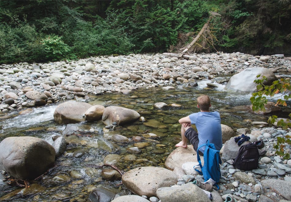 Man sat on rocks by water