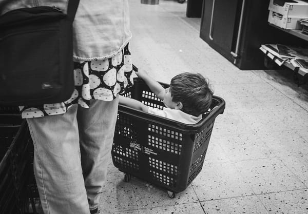 Kid sitting in shopping basket