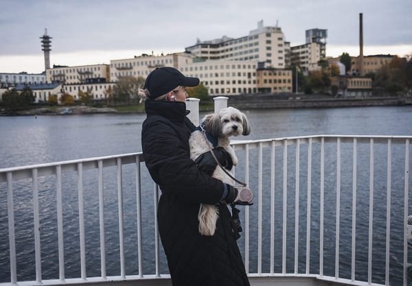 Woman holding dog on boat