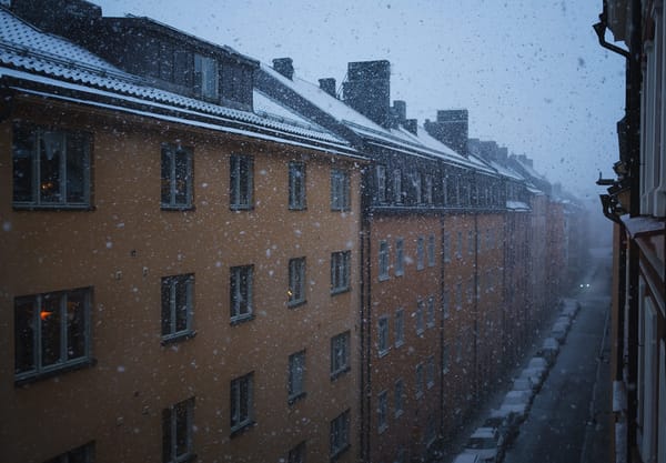 View down street with snow falling
